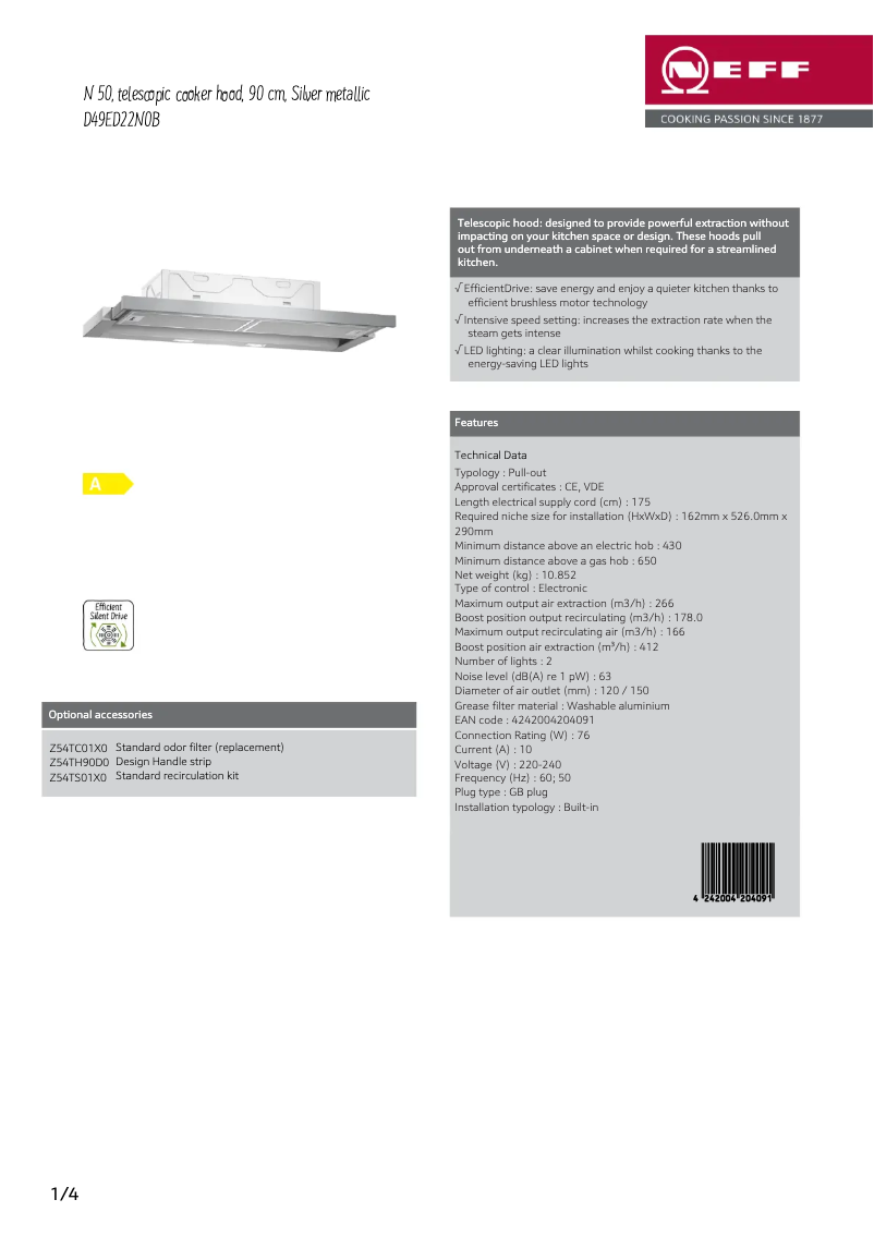 Page 1 of the manual Technical Sheet Neff D49ED22N0B