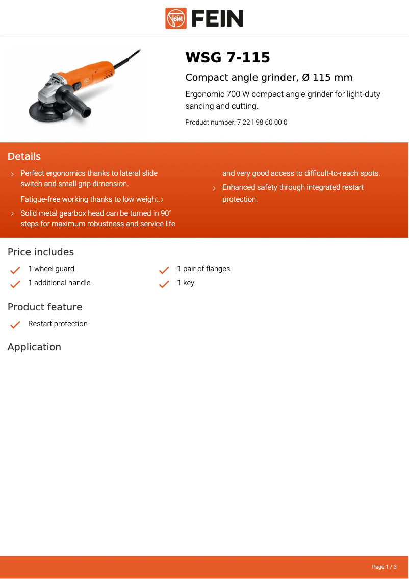 Page 1 de la notice Fiche technique Fein WSG 7-115