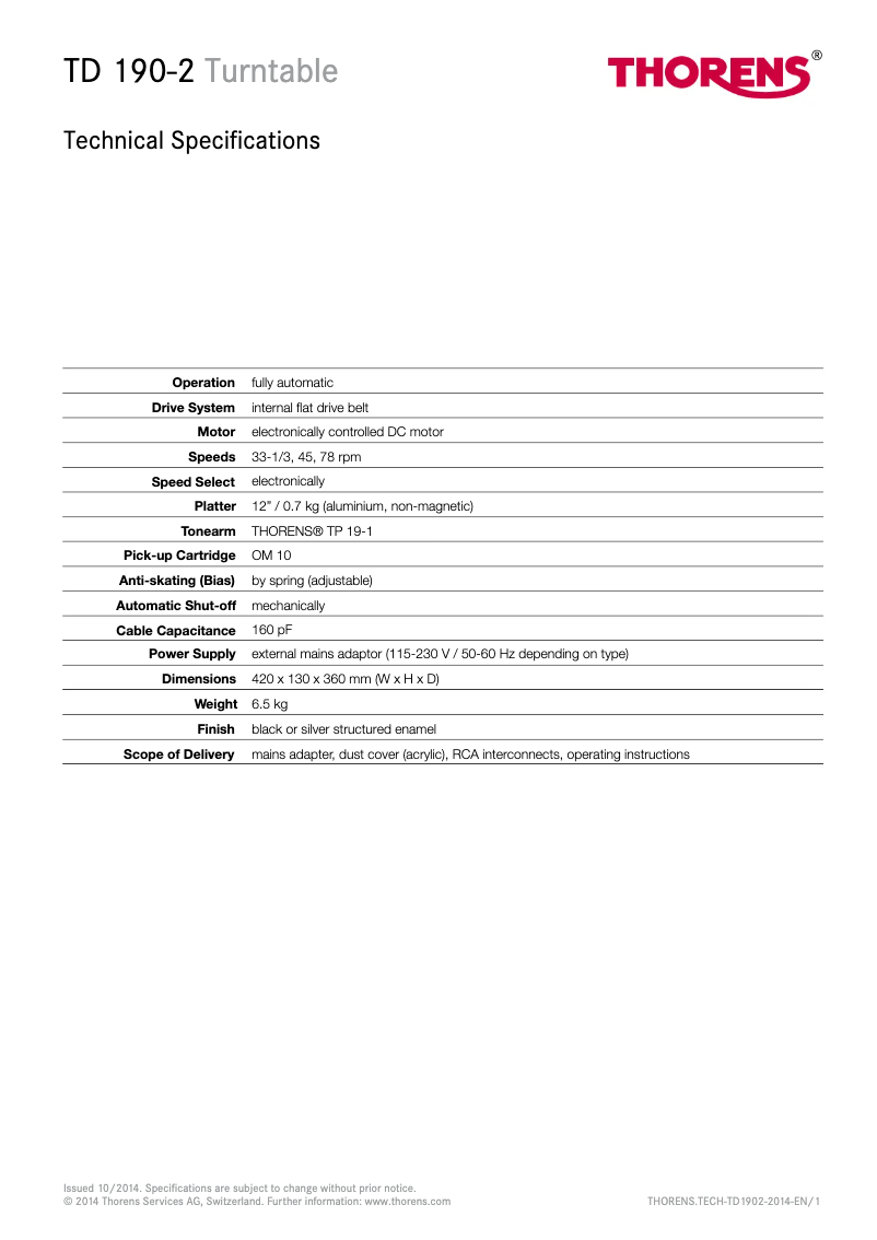 Page 1 de la notice Fiche technique Thorens TD 190-2