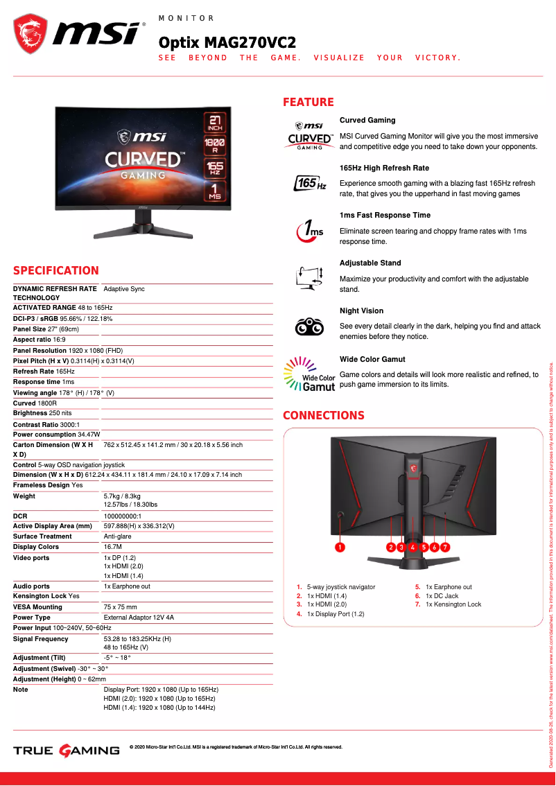 Page n°1 - Fiche technique MSI Optix MAG270VC2