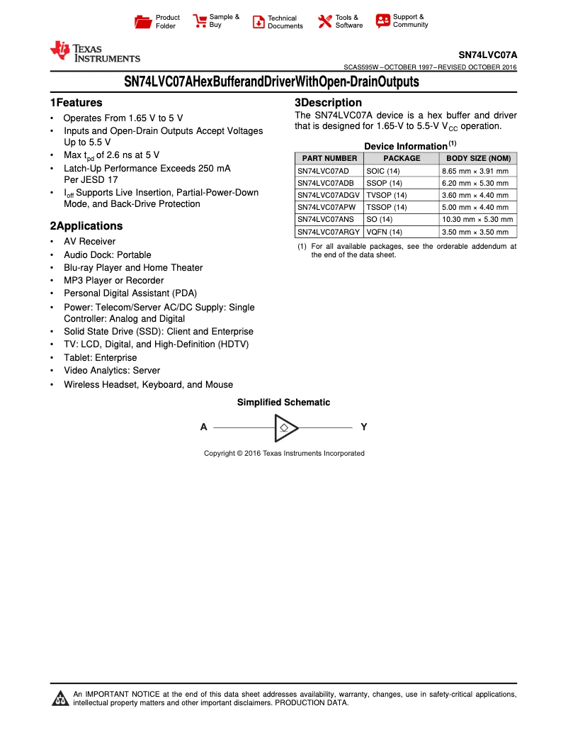 Page 1 de la notice Manuel utilisateur Texas Instruments SN74LVC07ADR