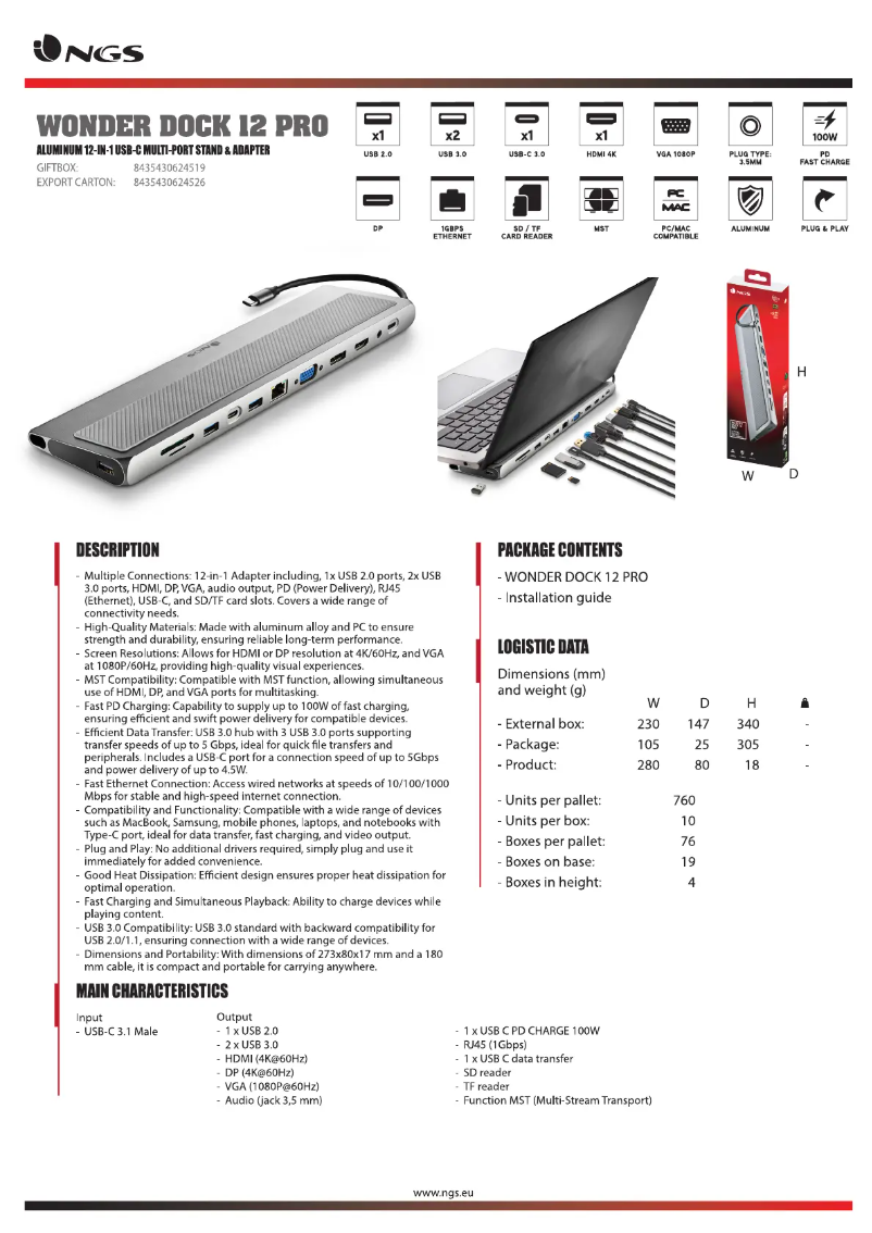 Page 1 de la notice Manuel utilisateur NGS Wonder DOCK 12 Pro