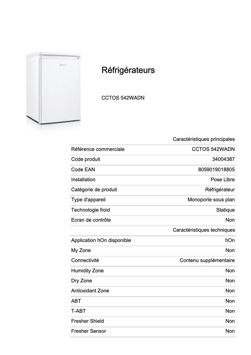 Page 1 de la notice Fiche technique Candy CCTOS 542WADN