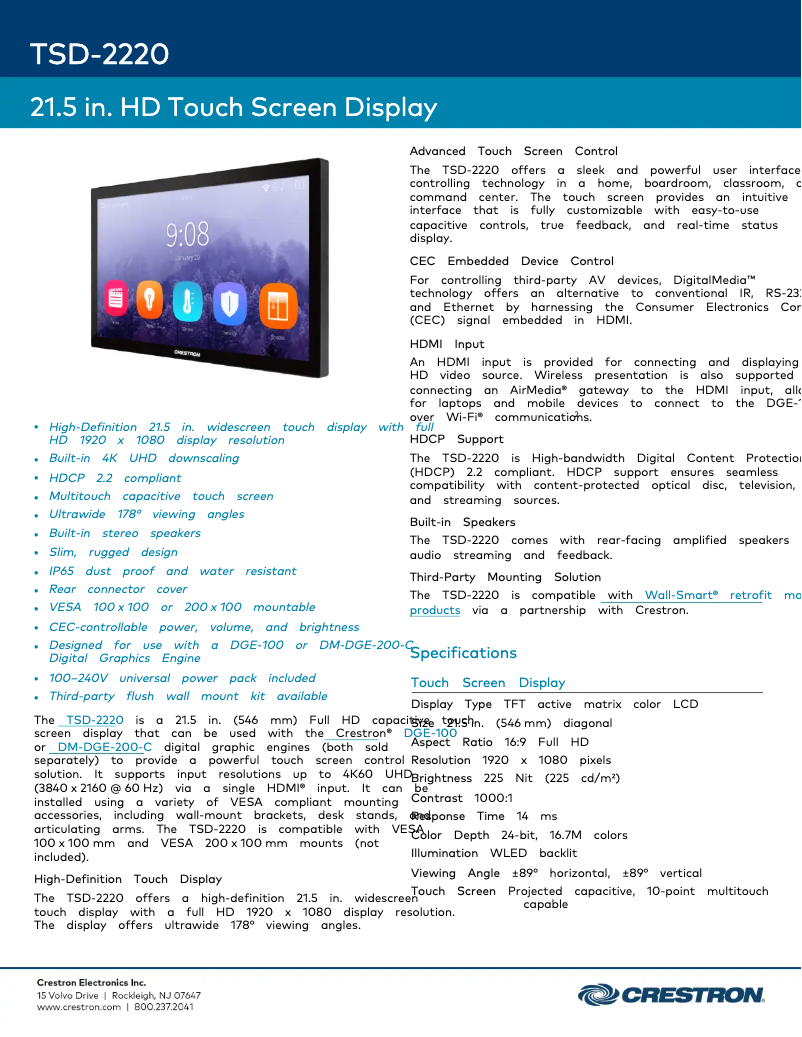 Page 1 de la notice Fiche technique Crestron TSD-2220-B