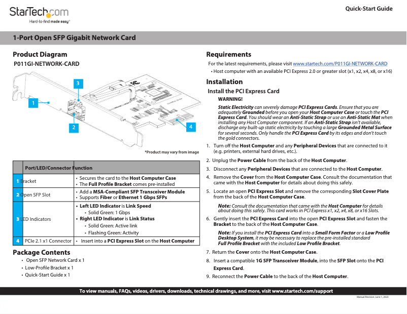 Page 1 de la notice Manuel utilisateur StarTech.com P011GI-NETWORK-CARD