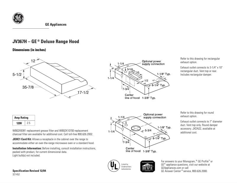 Página 1 del manual Ficha técnica GE JV367HCC