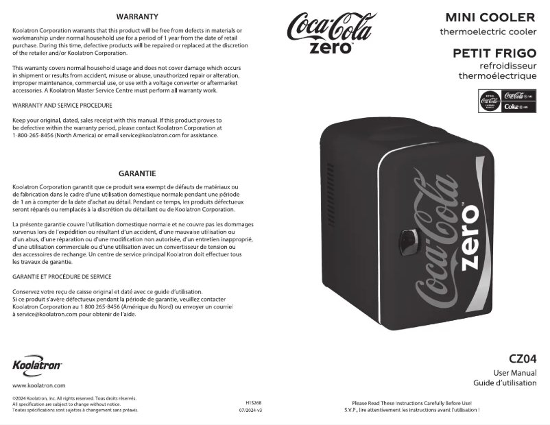 Page 1 de la notice Manuel utilisateur Coca-Cola CZ04