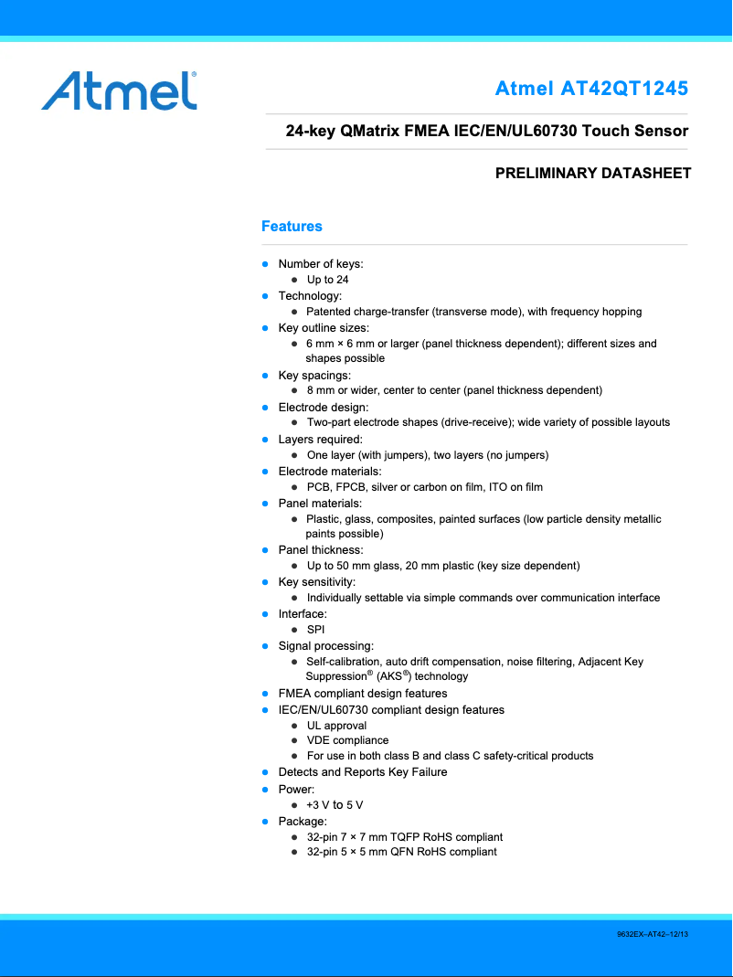 Page 1 de la notice Fiche technique Microchip AT42QT1245