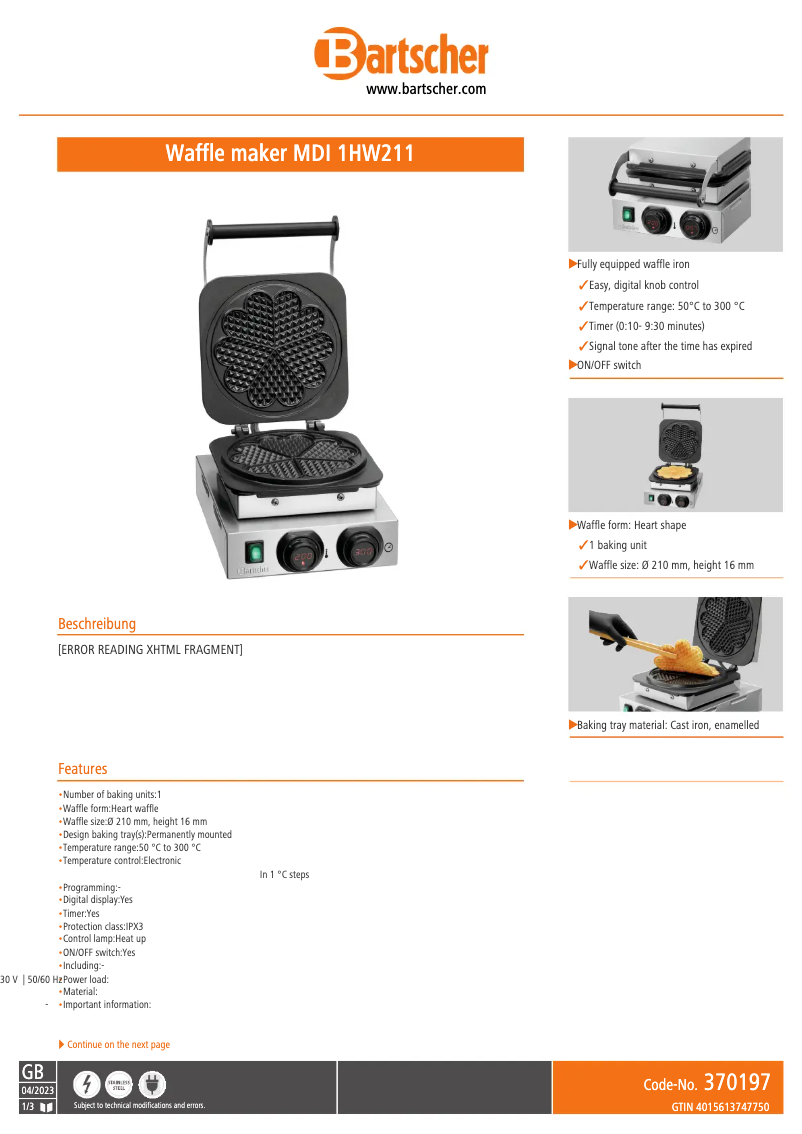 Página 1 del manual Ficha técnica Bartscher MDI 1HW211