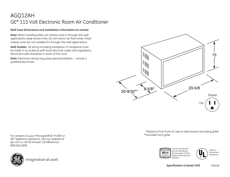 Página 1 del manual Ficha técnica GE AGQ12AH