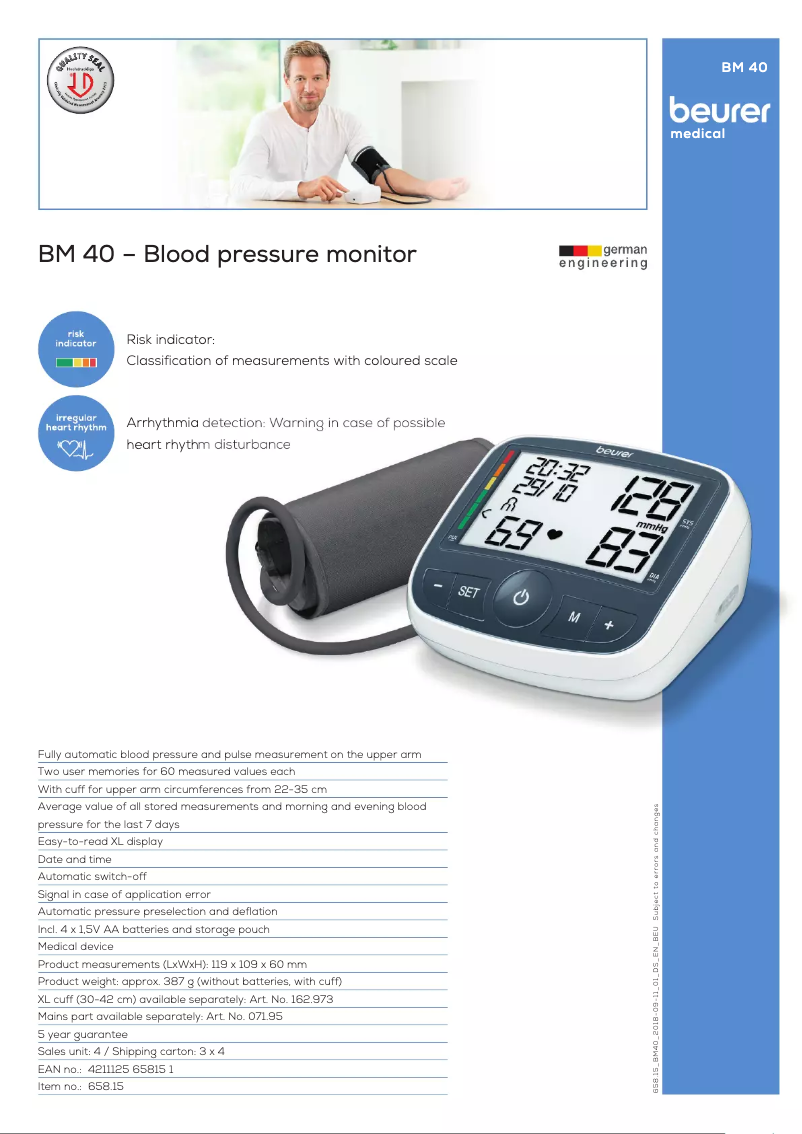 Page 1 de la notice Fiche technique Beurer BM 40