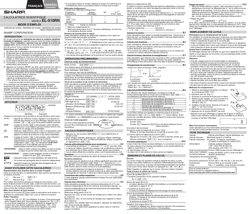Page n°1 - Manuel utilisateur Sharp EL510RNB