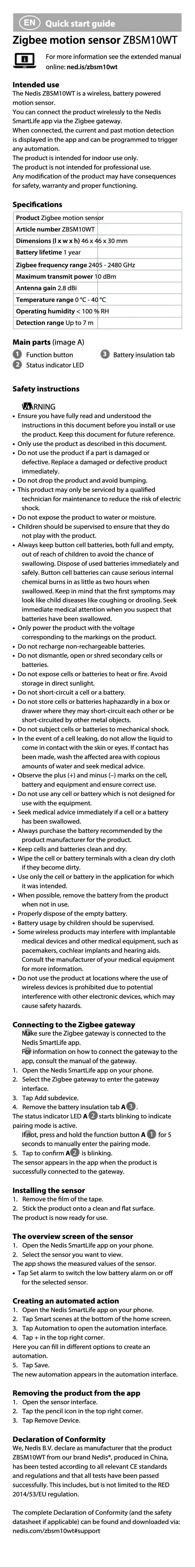 Page 1 de la notice Manuel utilisateur Nedis ZBSM10WT