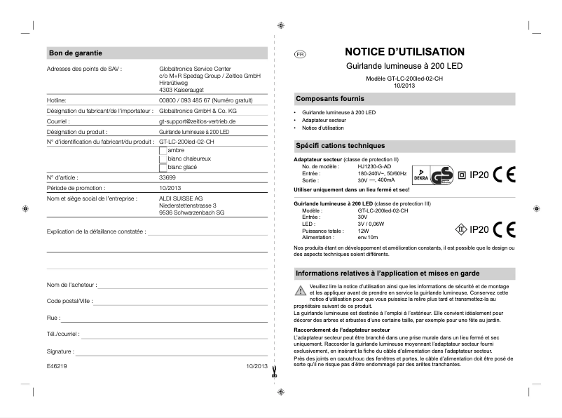 Page 1 de la notice Manuel utilisateur GlobalTronics GT-LC-200led-02-CH