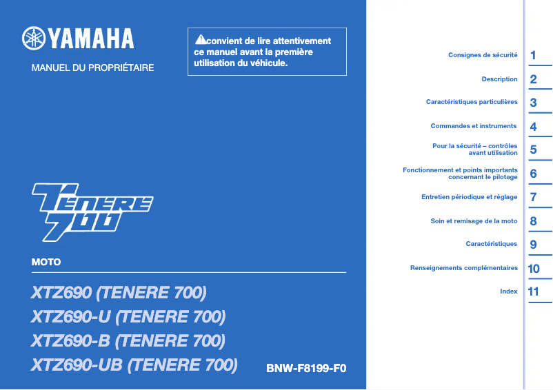 Image de la première page du manuel de l'appareil Tenere 700 (2023)