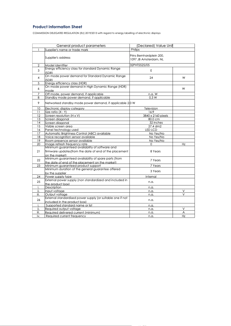 Page 1 de la notice Fiche technique Philips 32PHT5525