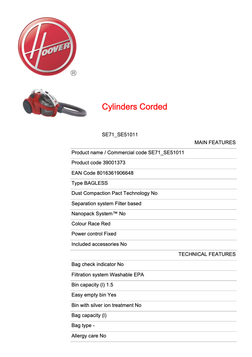Página 1 del manual Ficha técnica Hoover Sprint Evo SE71_SE51011