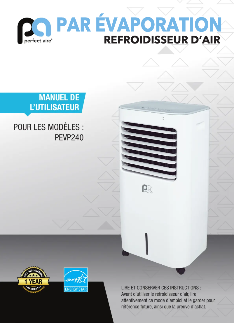 Page 1 de la notice Manuel utilisateur Perfect Aire PEVP240