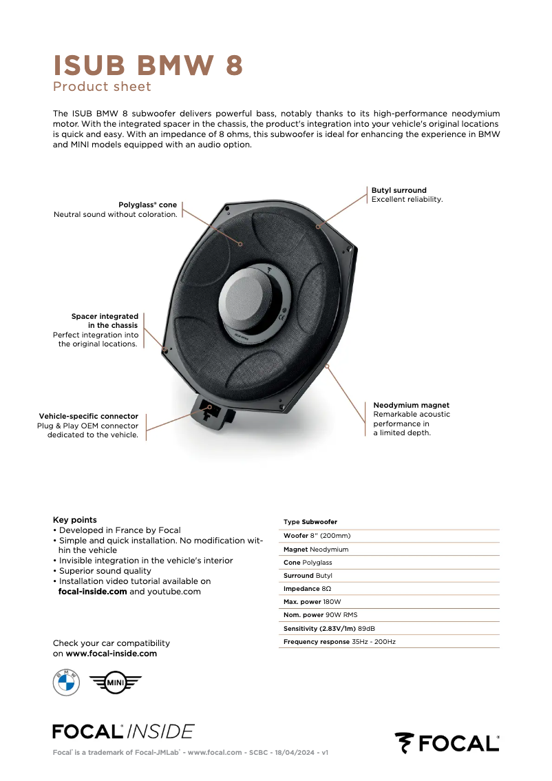 Page n°1 - Fiche technique Focal ISUB BMW 8