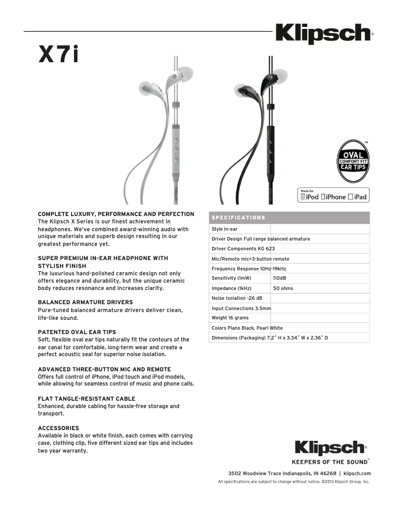Page n°1 - Fiche technique Klipsch Image X7i