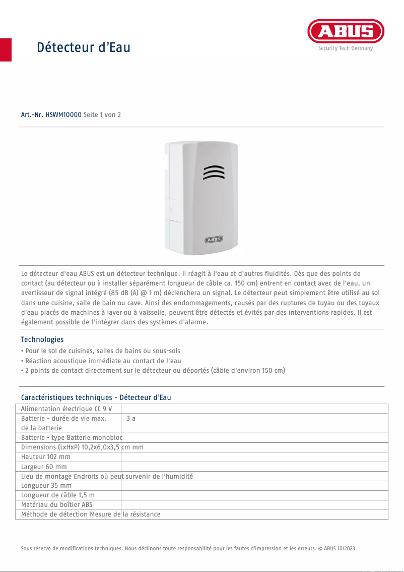 Page 1 de la notice Fiche technique Abus HSWM10000
