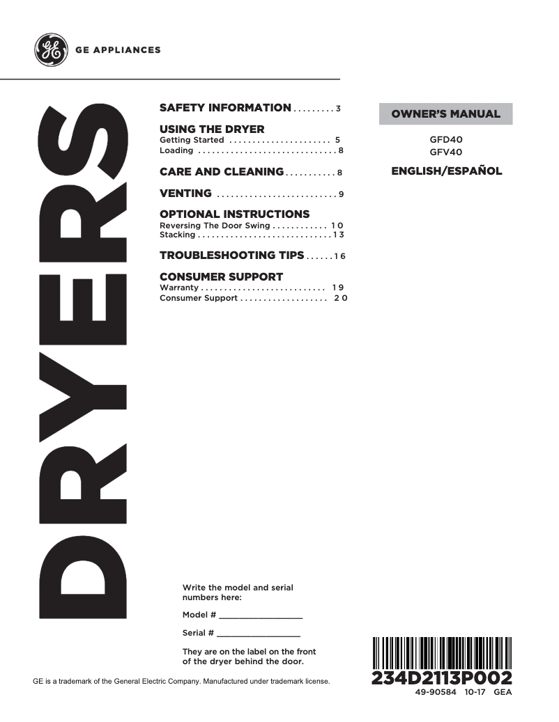 Página 1 del manual Manual de uso y mantenimiento GE GFD40ESCMWW