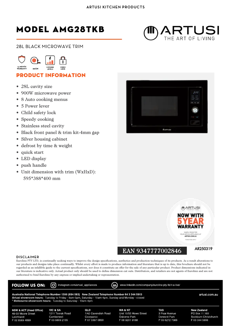 Page 1 de la notice Fiche technique Artusi AMG28TKB