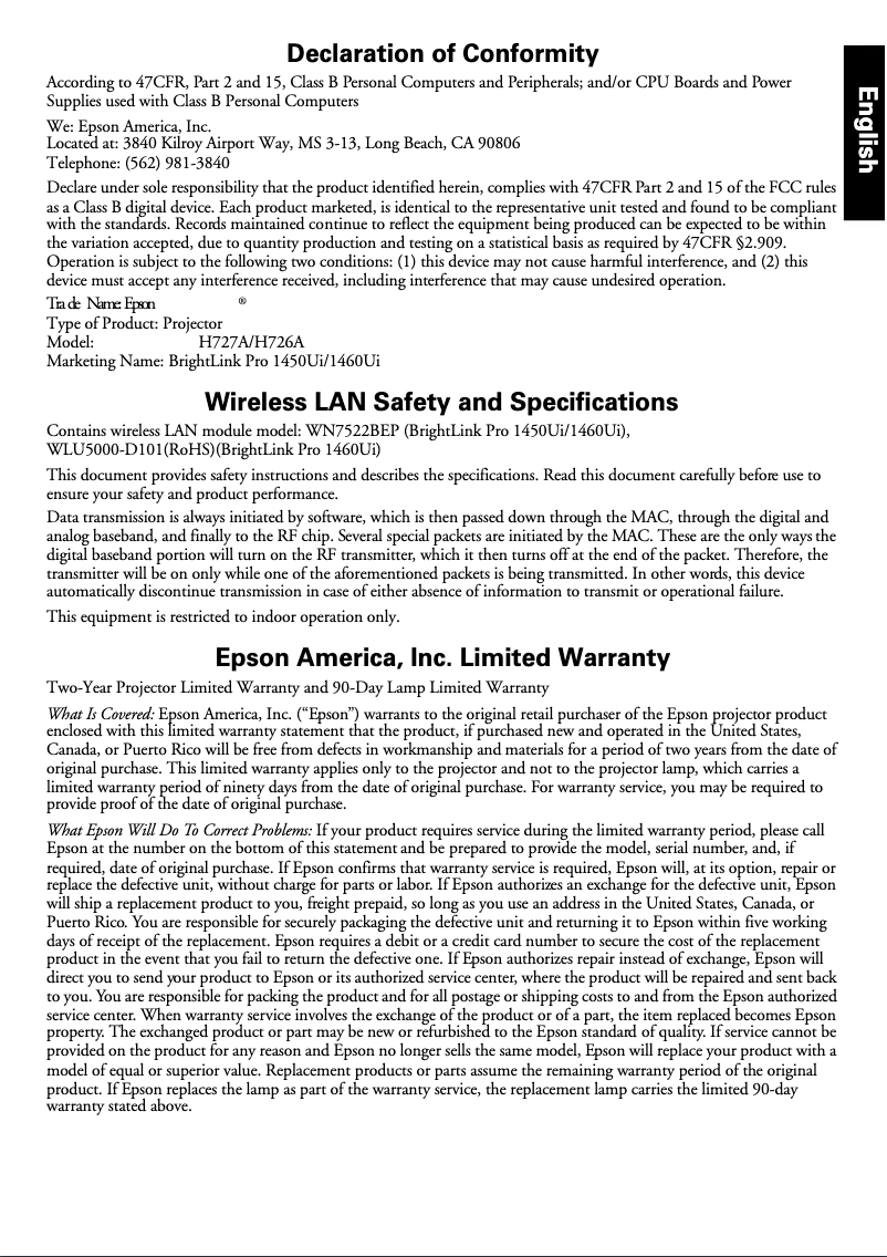 Page 1 de la notice Informations de garantie Epson BrightLink Pro 1460Ui