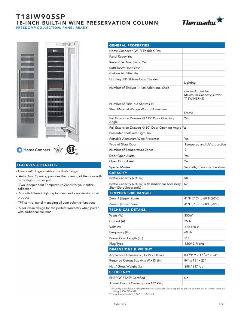 Page 1 de la notice Fiche technique Thermador T18IW905SP