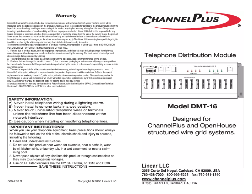 Page n°1 - Manuel utilisateur Nortek DMT-24
