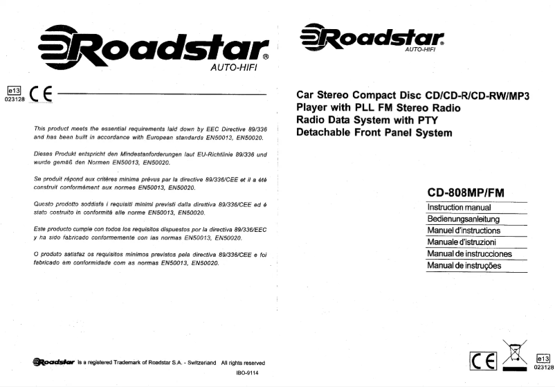 Page 1 de la notice Manuel utilisateur Roadstar CD-808MP/FM