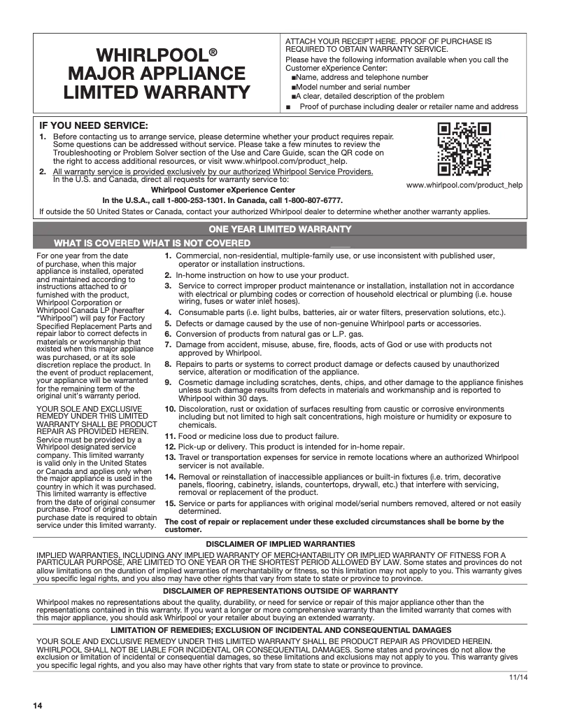 Page 1 de la notice Informations de garantie KitchenAid WVU11UV0FB