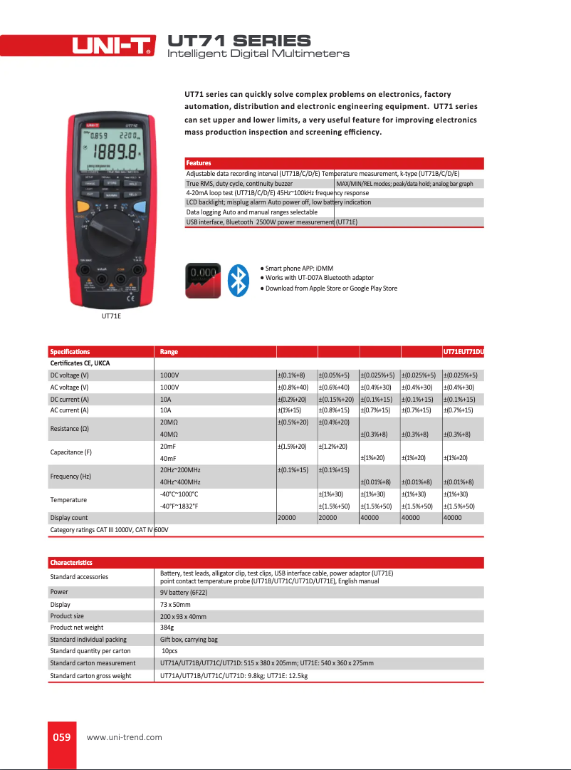 Page 1 de la notice Fiche technique Uni-T UT71E
