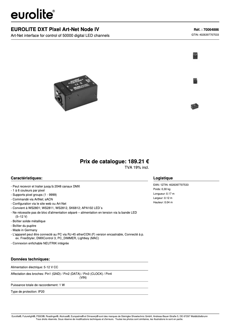 Page n°1 - Fiche technique Eurolite DXT Pixel Art-Net Node IV