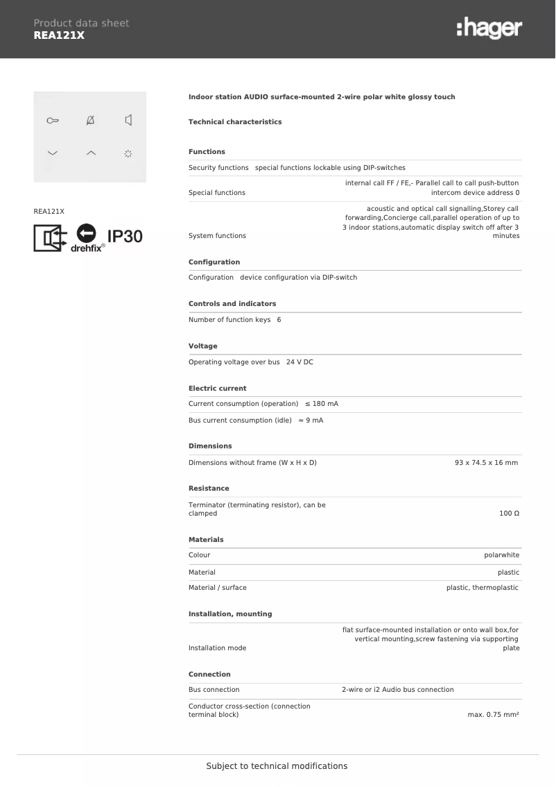 Page 1 de la notice Fiche technique Hager REA121X