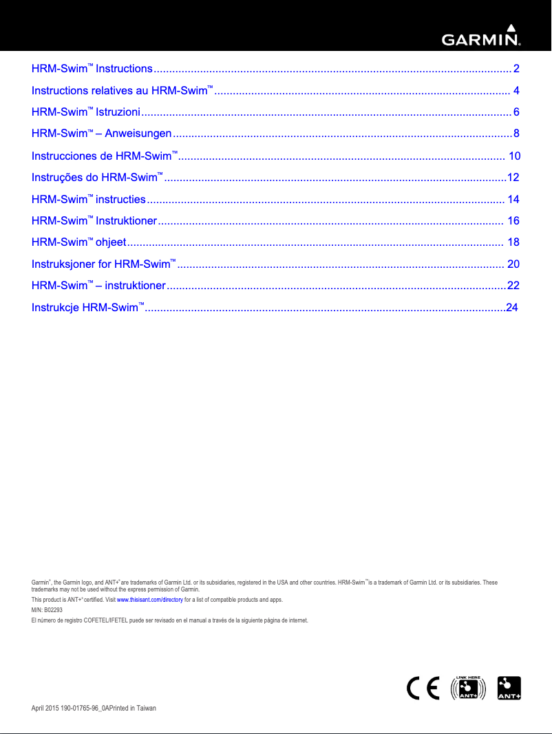 Image de la première page du manuel de l'appareil HRM-Swim