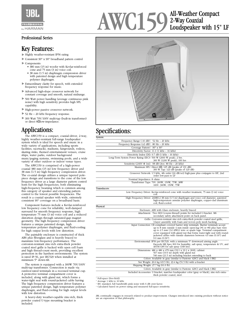 Page 1 de la notice Manuel utilisateur JBL AWC159