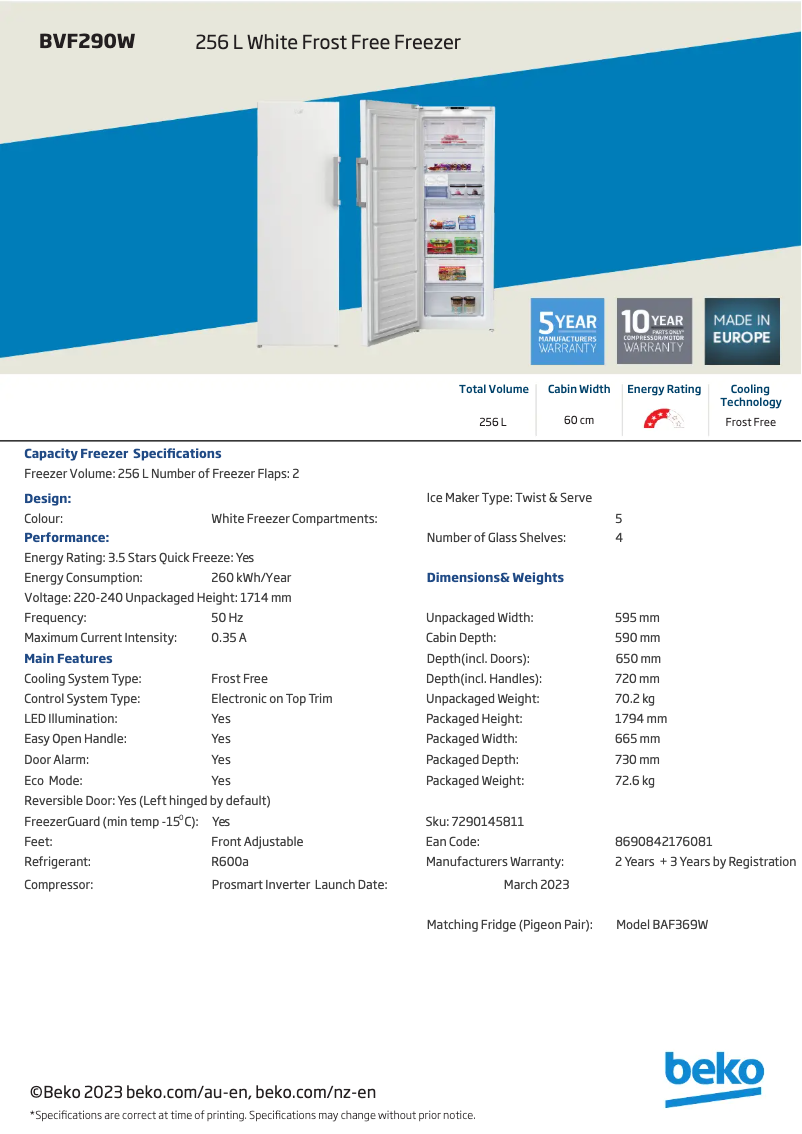 Page n°1 - Fiche technique Beko BVF290W