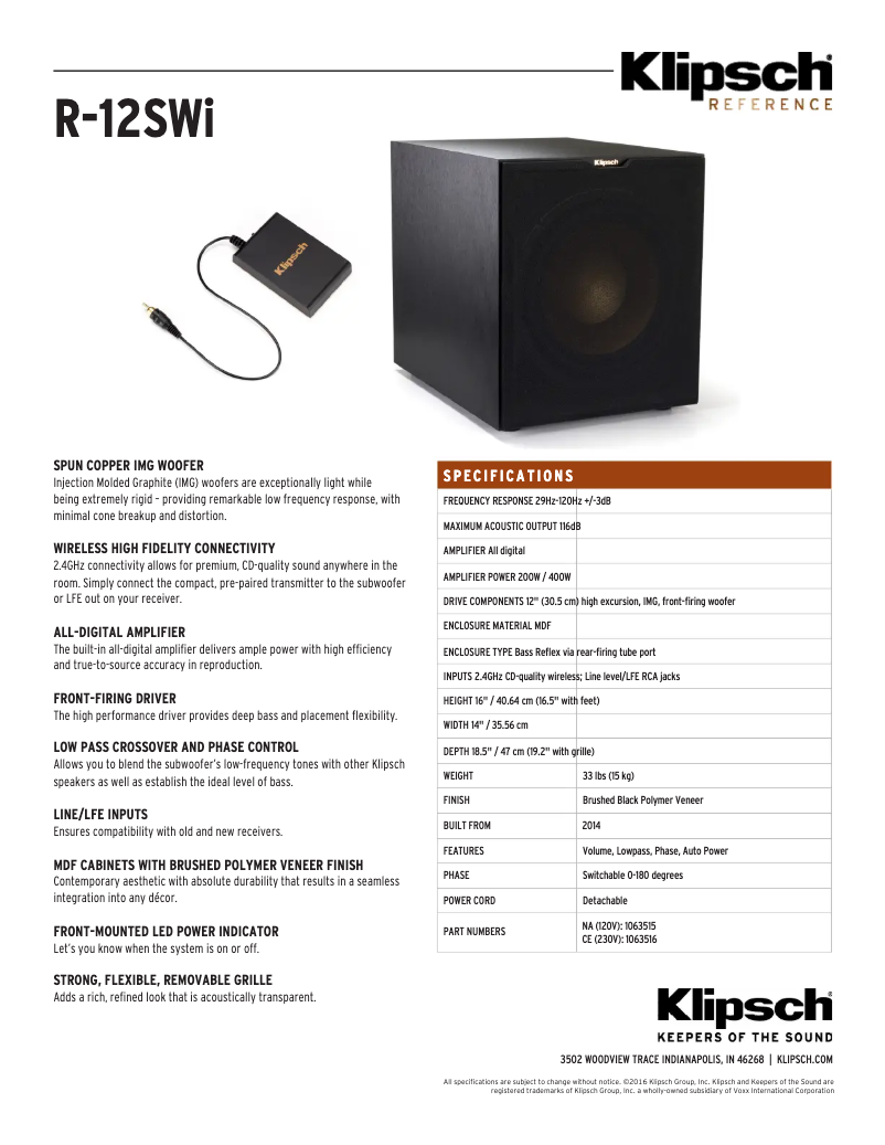 Page 1 de la notice Fiche technique Klipsch R-12SWI