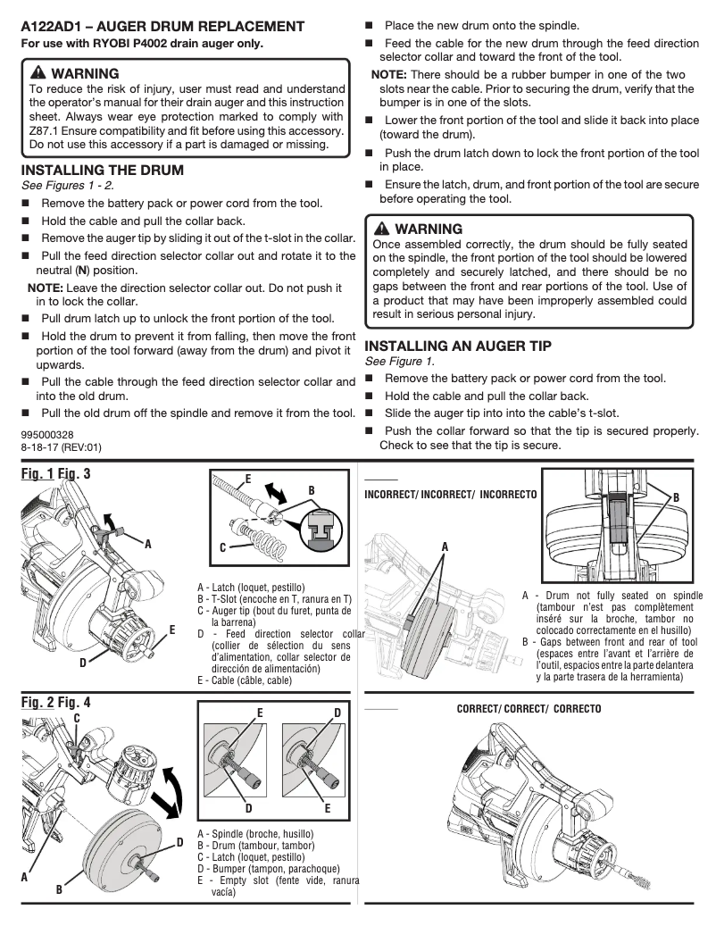 Page 1 de la notice Manuel utilisateur RYOBI A122AD1