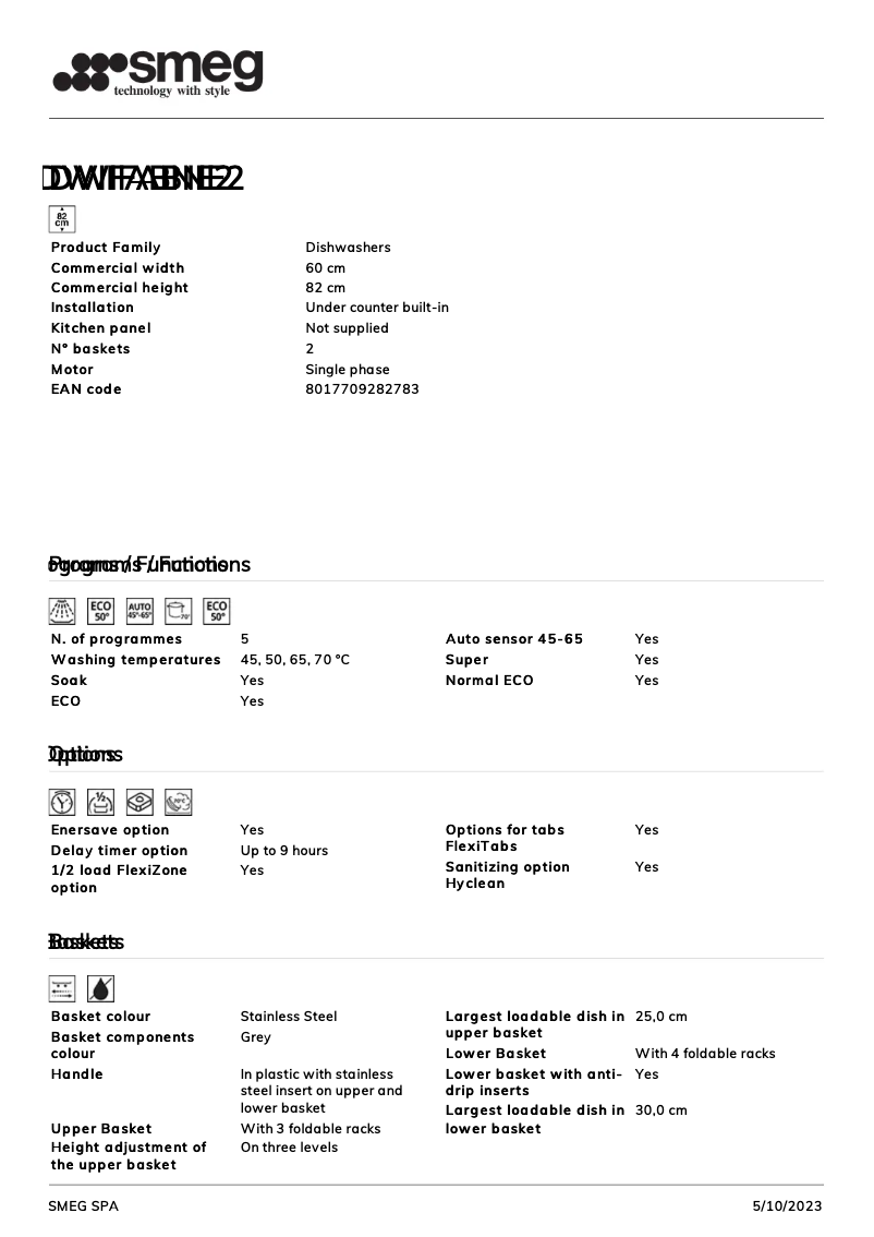 Page n°1 - Fiche technique Smeg DWIFABNE2