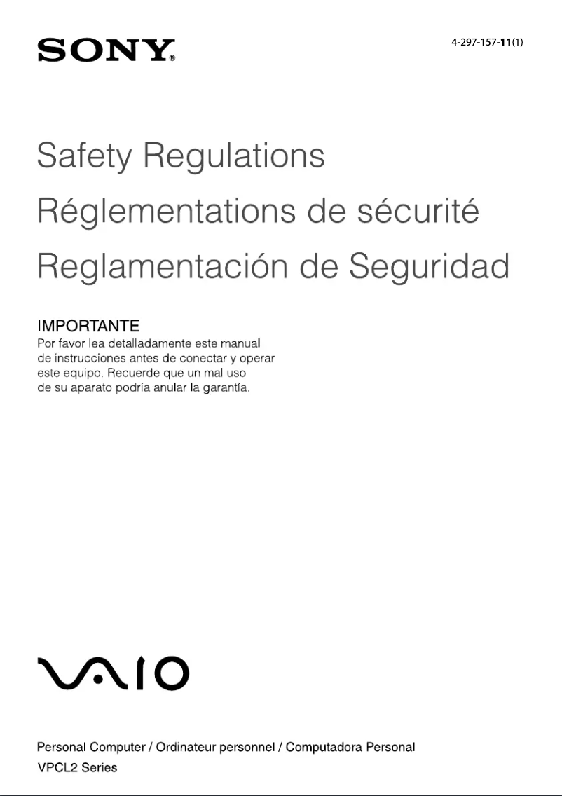 Image de la première page du manuel de l'appareil Vaio VPCL233GX