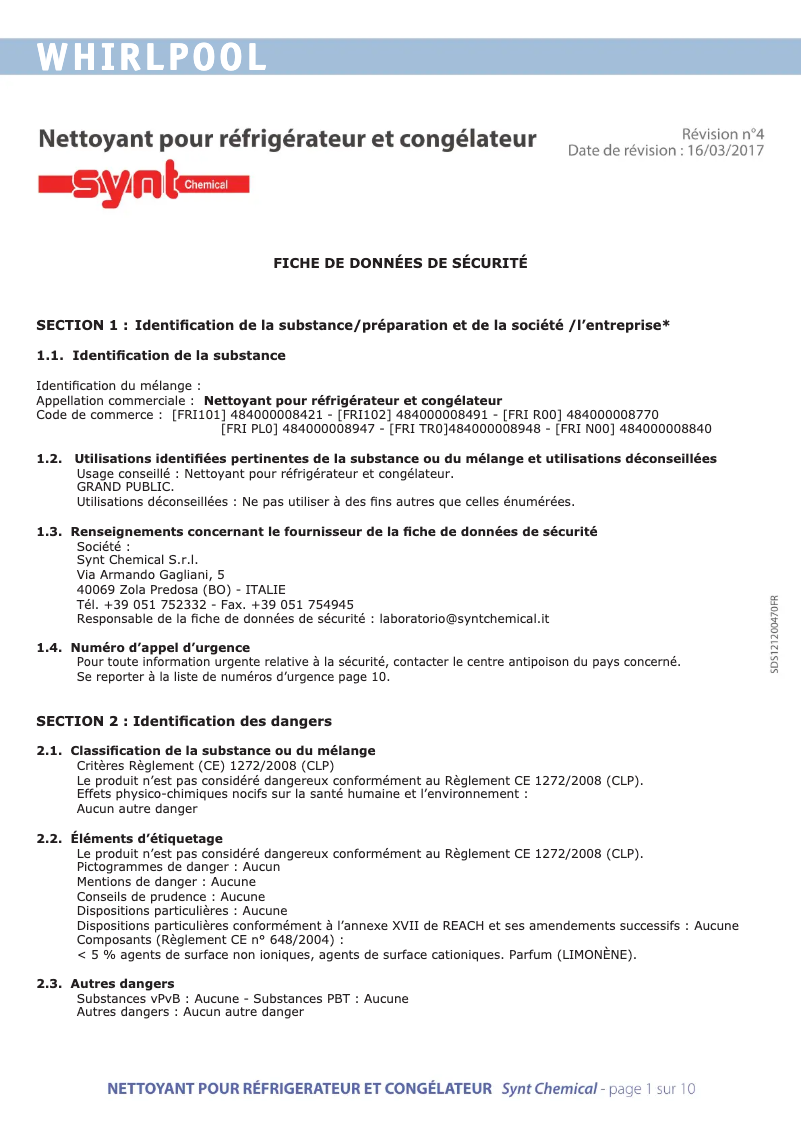 Page 1 de la notice Manuel utilisateur Bauknecht FRI101