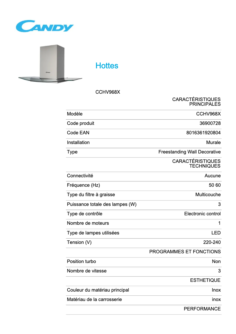 Page n°1 - Fiche technique Candy CCHV968X