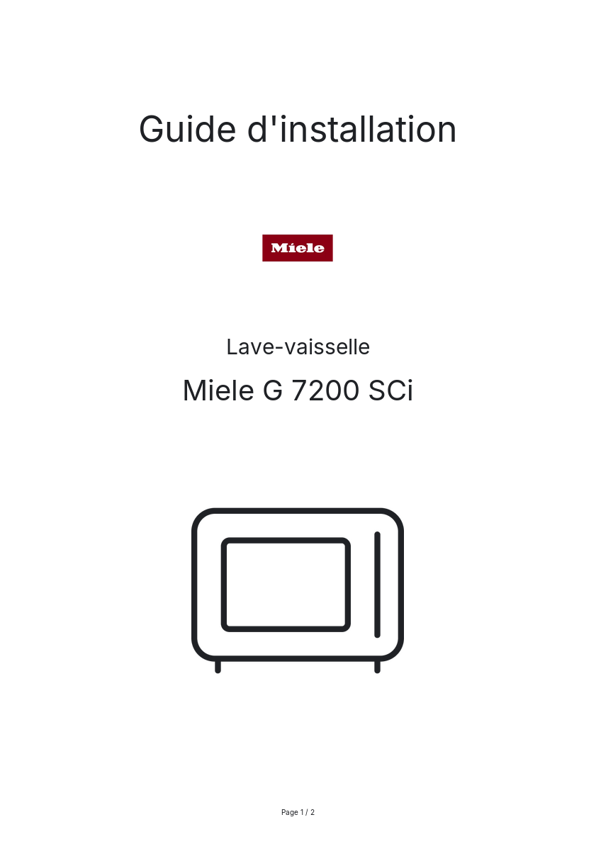Page n°1 - Guide d'installation Miele G 7200 SCi