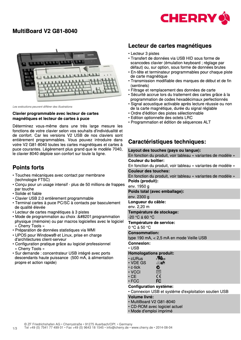 Page 1 de la notice Fiche technique Cherry MultiBoard V2 G81-8040