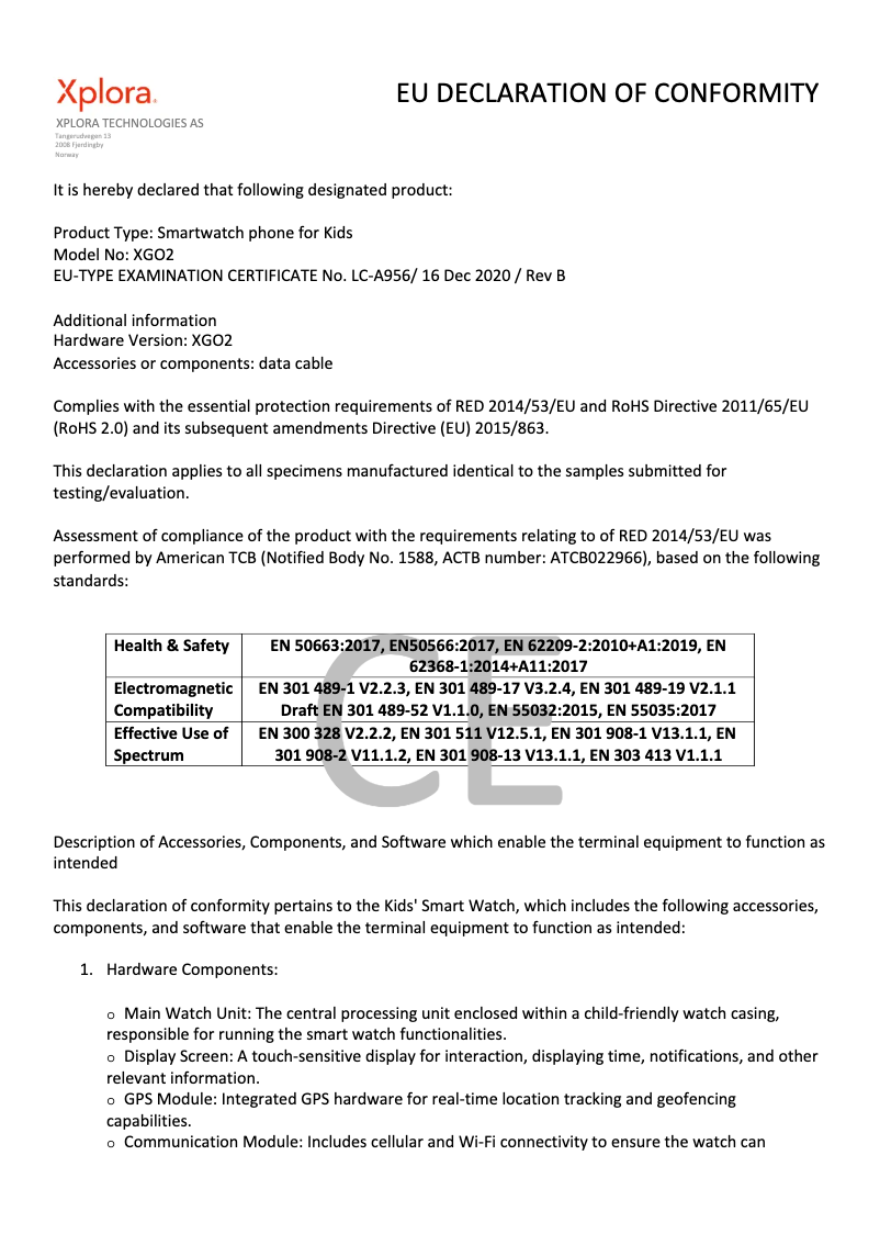 Page 1 de la notice Fiche technique Xplora XGO2