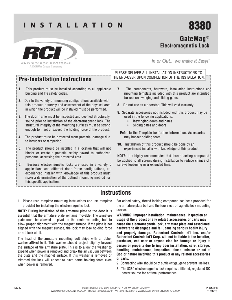 Page n°1 - Manuel utilisateur Dormakaba RCI 8380