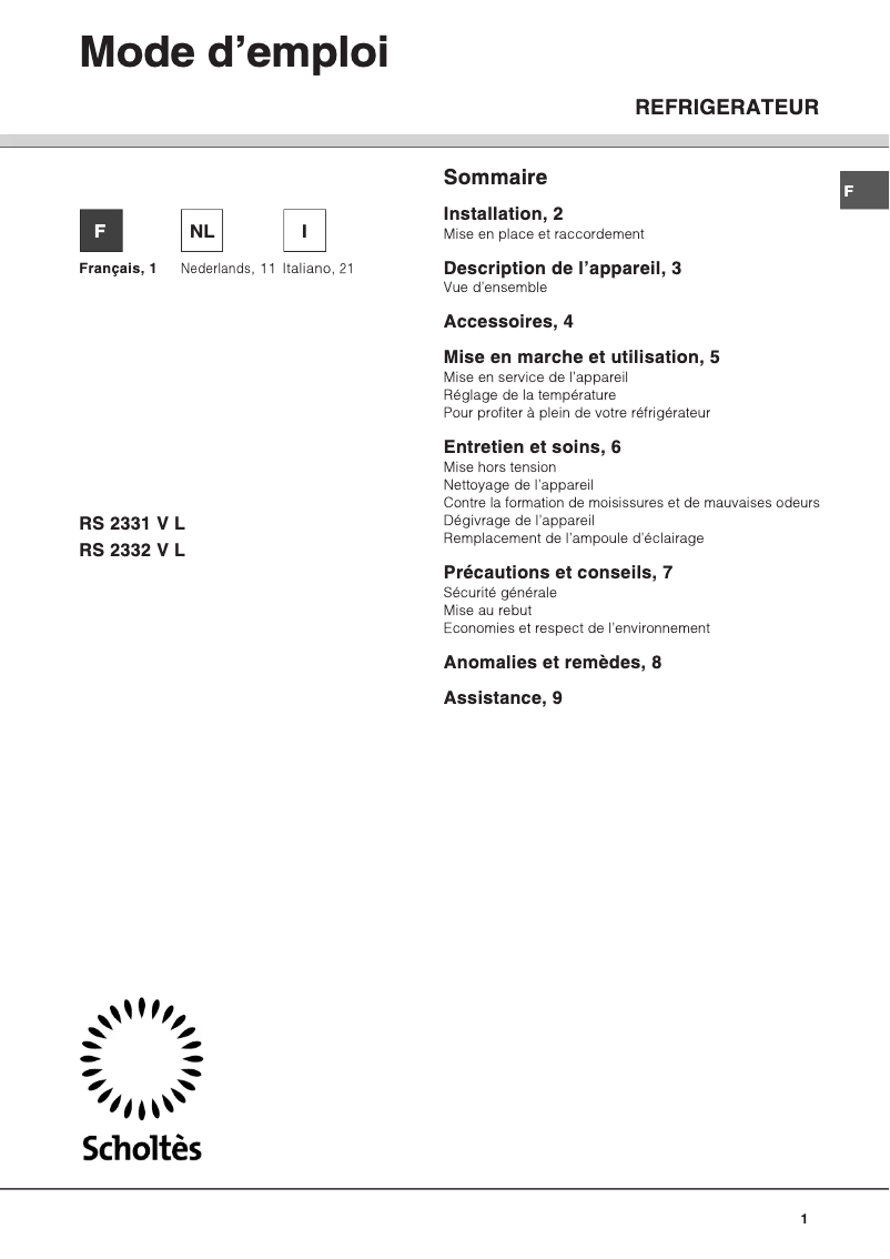 Image de la première page du manuel de l'appareil RS 2331 V L
