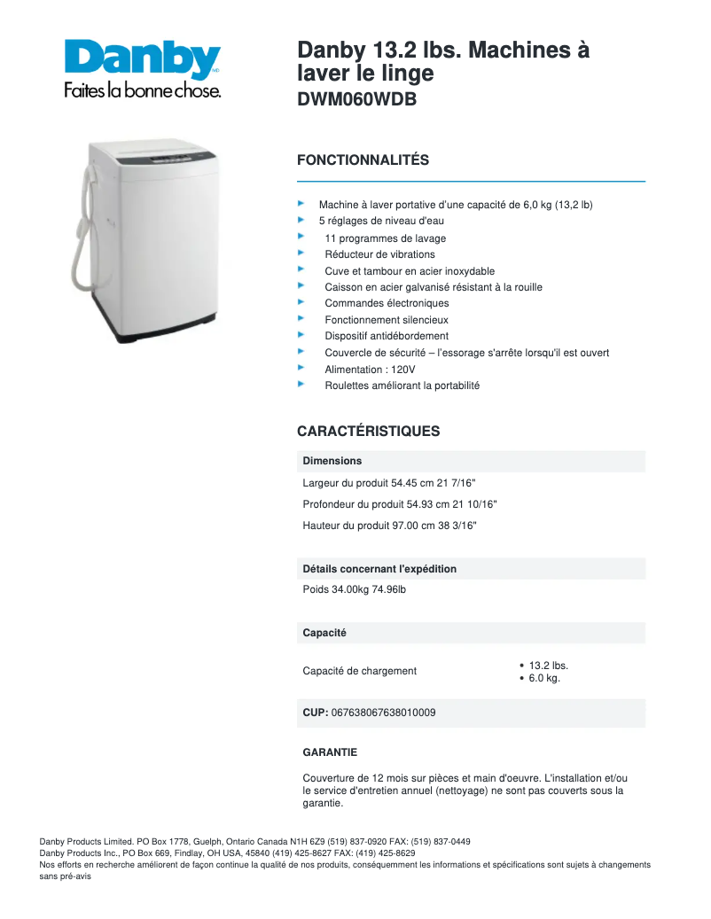 Page 1 of the manual Technical Sheet Danby DWM060WDB